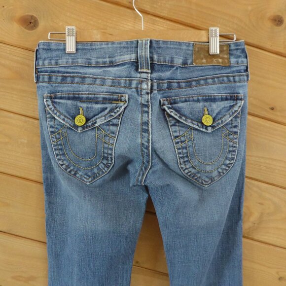Blue Religion Light Blue Low Rise Boot Legs Yellow Button Flap Pockets Jeans 28 - Picture 7 of 15